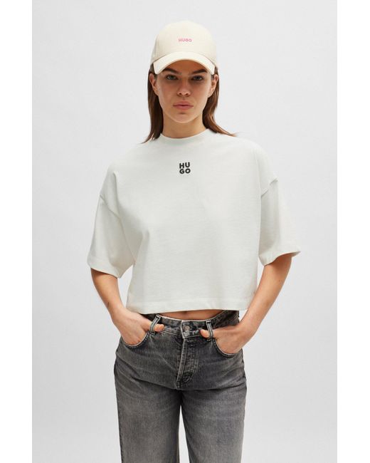 HUGO White Relaxed-fit Cropped T-shirt In Cotton With Stacked Logo