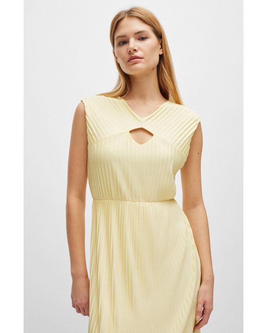 Boss Yellow Sleeveless Dress In High-shine Pliss Fabric