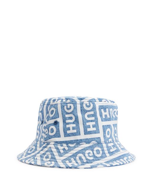 HUGO Blue Cotton-denim Bucket Hat With Lasered Logos for men