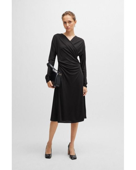 Boss Black Long-sleeved Dress With Wrap Front