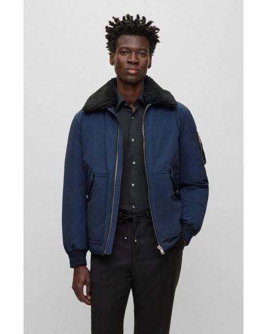 Boss Blue Water-repellent Jacket With Faux-fur Collar for men