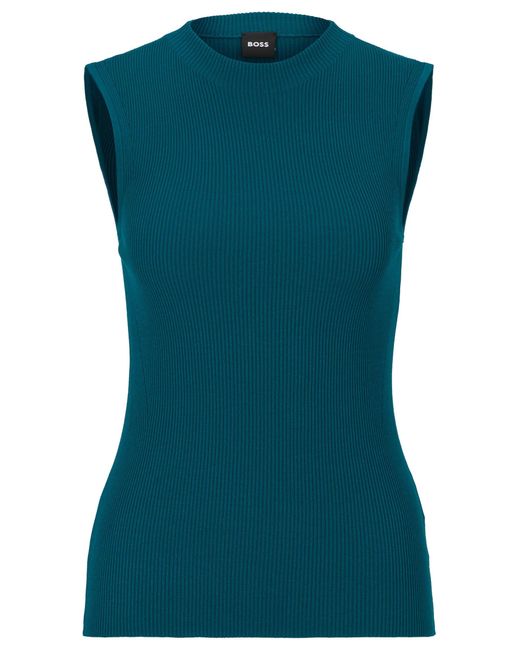 Boss Blue Sleeveless Mock-neck Top In Ribbed Fabric