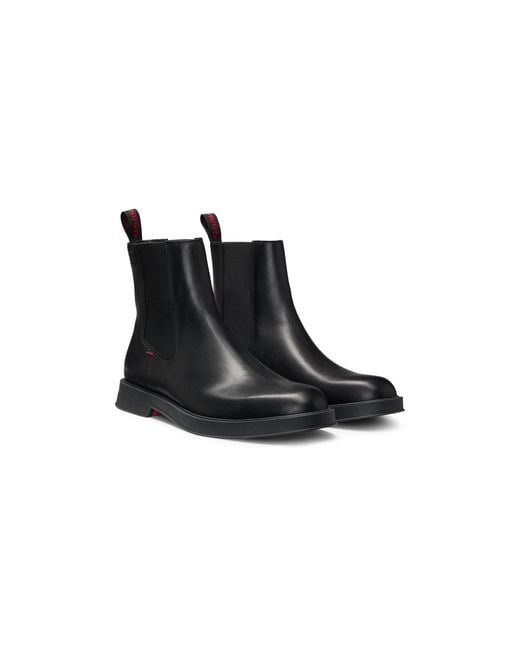 HUGO Black Leather Chelsea Boots With Stacked Logo for men