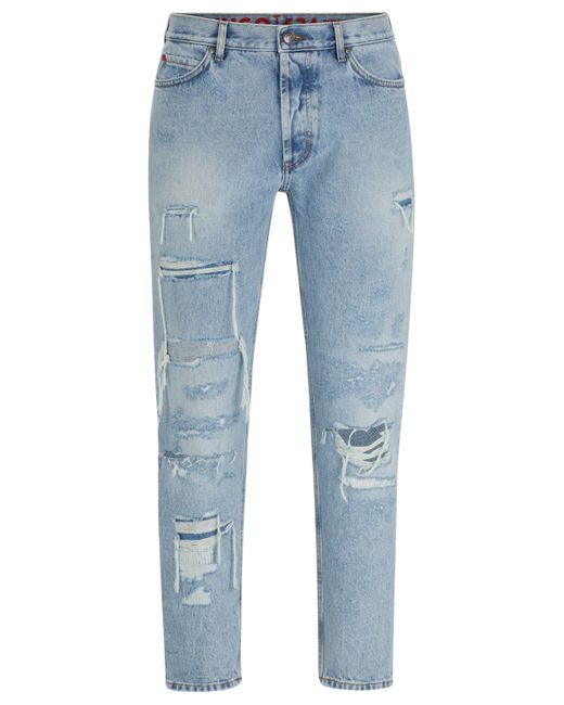 HUGO Tapered-fit Jeans In Blue Denim With Destroyed Details for men