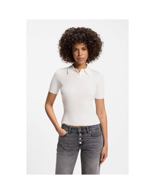 HUGO White Slim-Fit Ribbed Sweater With Polo Collar