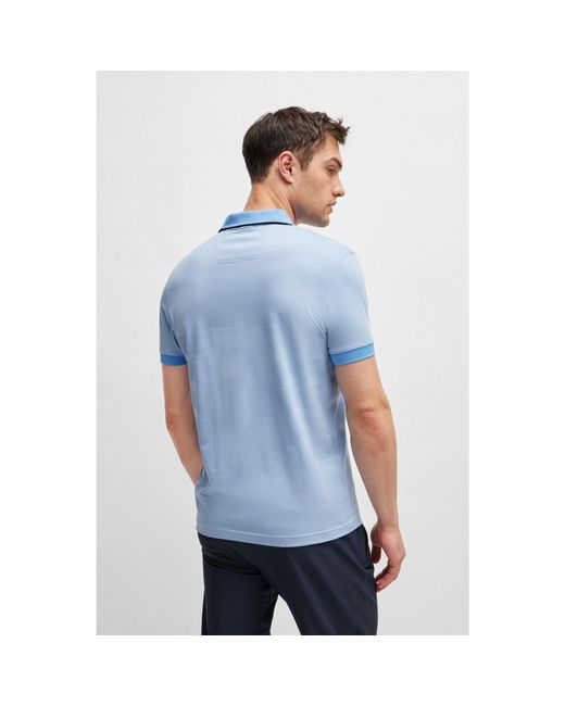 Boss Blue Cotton Polo Shirt With Popcorn-Structure Stripe for men