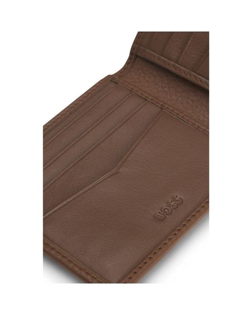 Boss Brown Grained-Leather Folding Wallet With Polished Logo Lettering for men