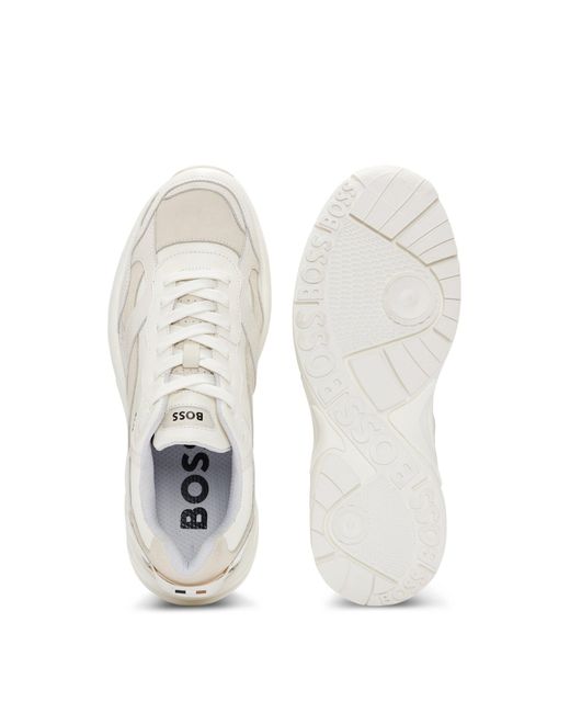 Boss White Running-inspired Trainers In Mixed Leathers for men