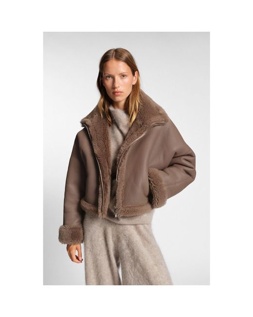 Boss Brown Nappalan-Leather Jacket With Shearling Trim