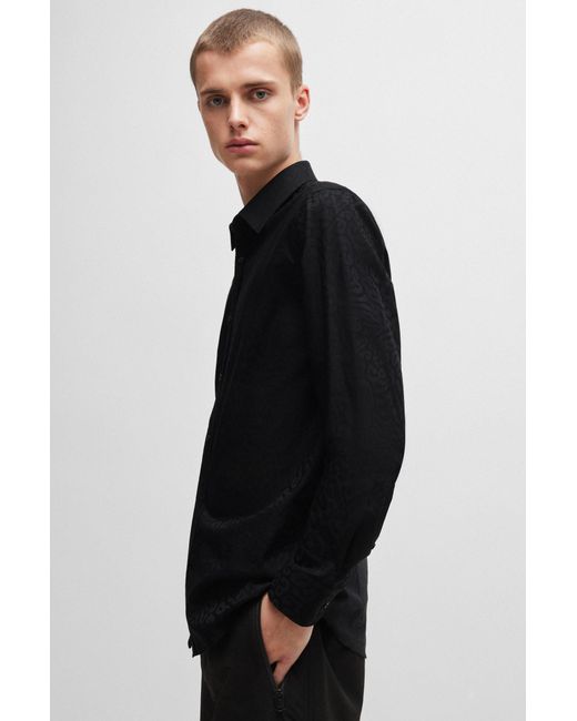 HUGO Black Extra-slim-fit Shirt In Animal-pattern Cotton Jacquard for men