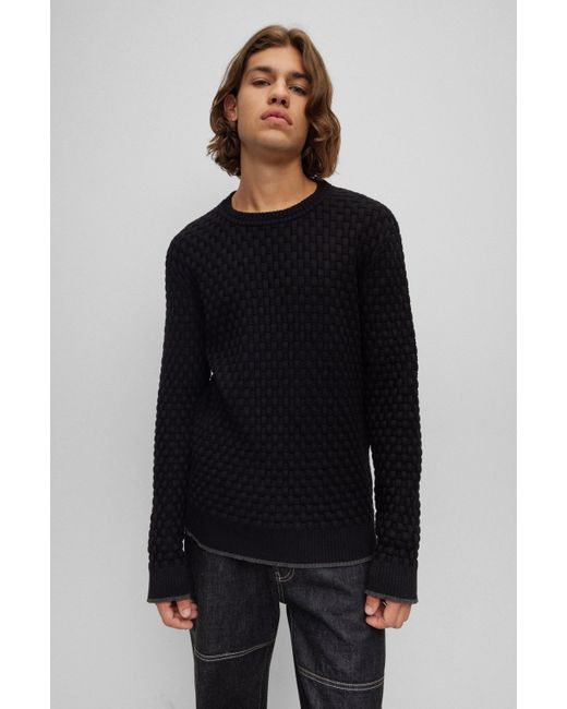 BOSS by HUGO BOSS Crewneck Sweater In Cotton With Woven Structure in