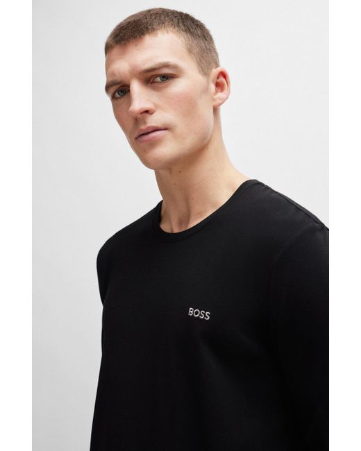 T-shirt à manches longues en coton stretch avec logo Boss pour homme en coloris Black