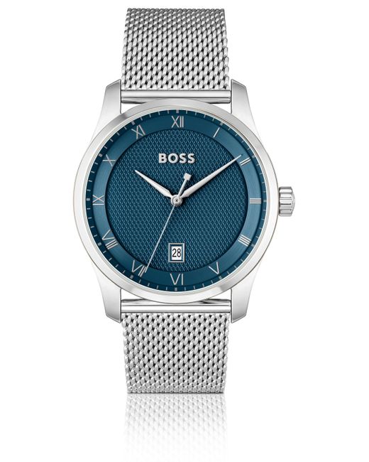 Boss Horloge Met Blauwe Wijzerplaat, Dessin En Polsband In Meshlook in het Gray voor heren