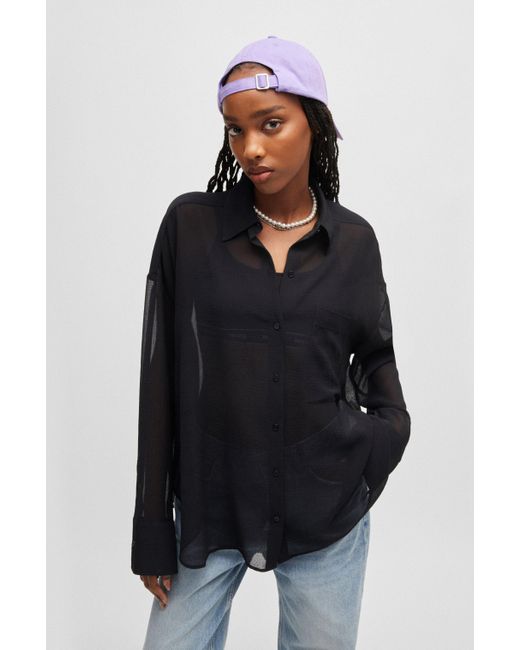 HUGO Black Oversize-fit Blouse In Sheer Seersucker With Point Collar