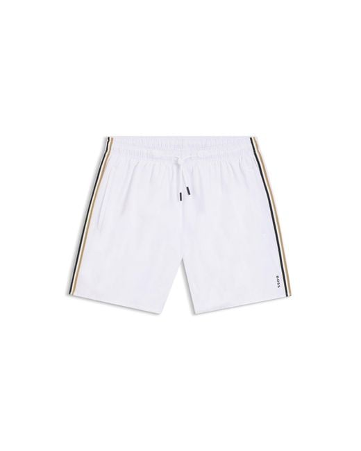 Boss White Swim Shorts With Signature Stripe And Logo for men