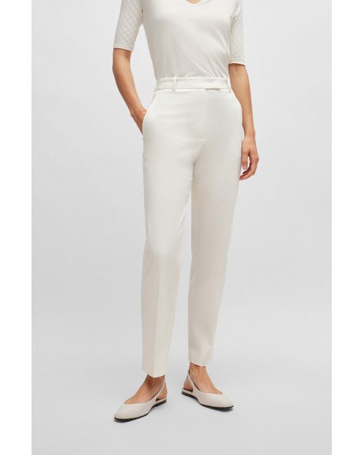Boss White Regular-fit Trousers In Cotton, Silk And Stretch