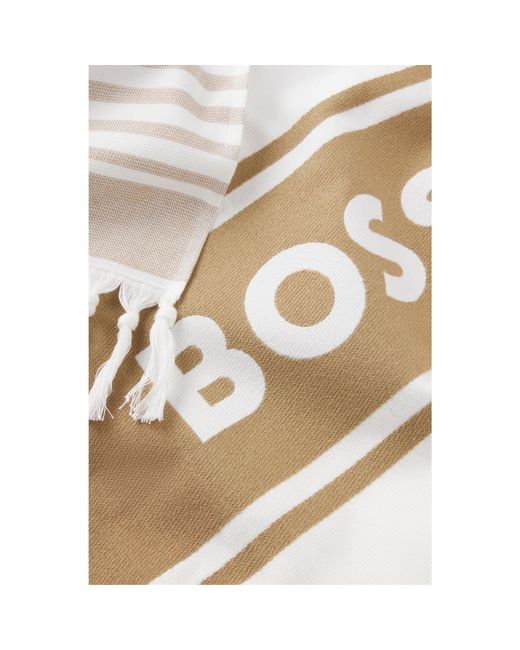 Boss White Fringed Logo Beach Towel for men