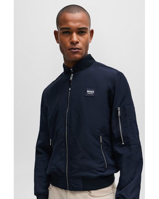 Boss Blue Equestrian Bomber Jacket With Zipped Sleeve Pocket for men