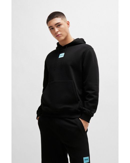 HUGO Black Cotton-terry Hoodie With Logo Label for men