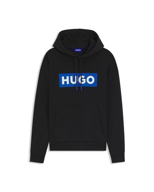 HUGO Black Cotton-Terry Hoodie With Rectangle Logo Print for men