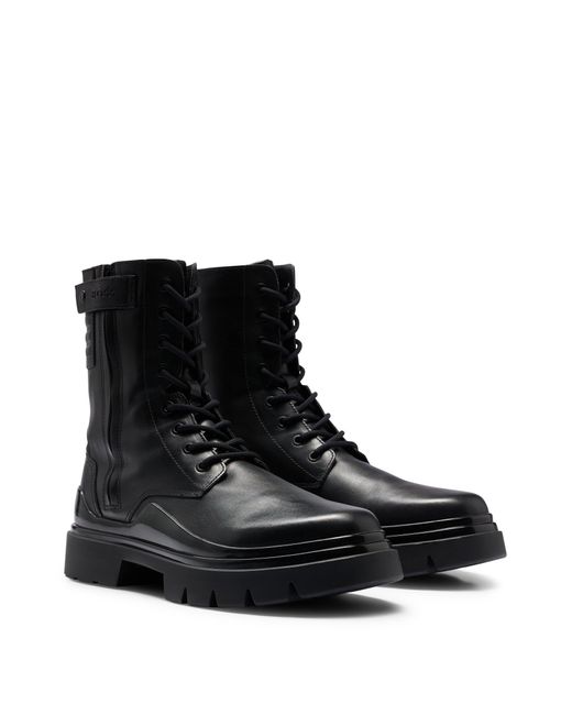 Boss Black Leather Lace-up Boots With Branded Strap for men