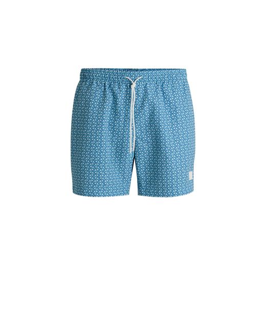 Boss Blue Printed Swim Shorts With Logo Badge for men