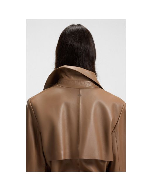 Boss Brown Trench-Style Leather Jacket With Tie-Up Belt