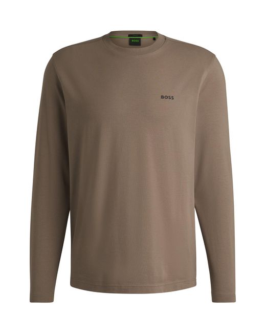Boss T-Shirt Met Lange Mouwen En Contrastlogo Van Stretchkatoen in het Brown voor heren