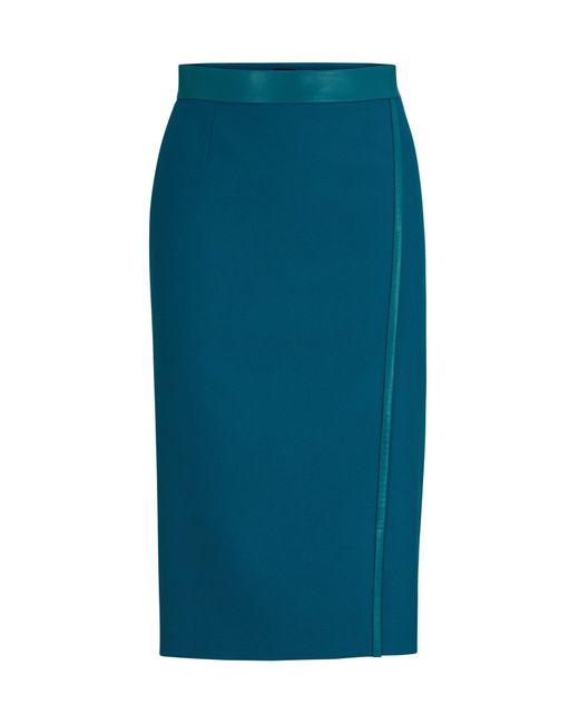 Boss Blue Pencil Skirt In Wool Twill With Faux-leather Trims