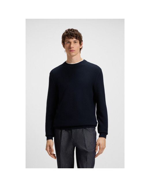 Boss Blue Cotton Sweater With Knitted Structure for men