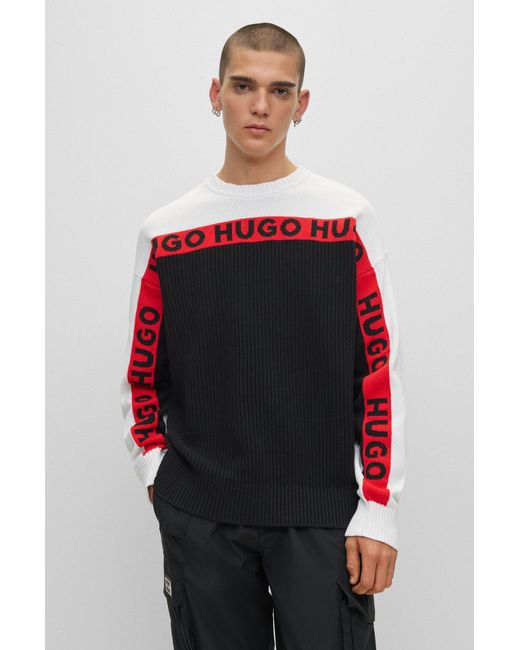 HUGO Red Pure-cotton Sweater With Logo-tape Detail for men