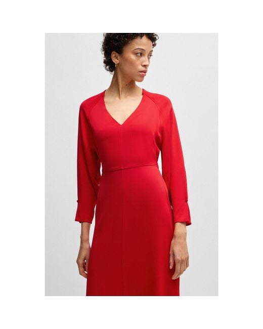 Boss Red V-Neck Dress With Button Cuffs