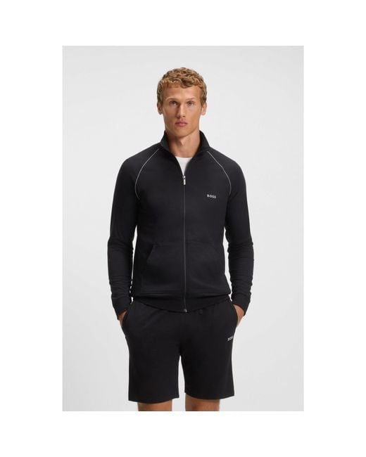 Boss Blue Stretch-Cotton Zip-Up Jacket With Embroidered Logo for men