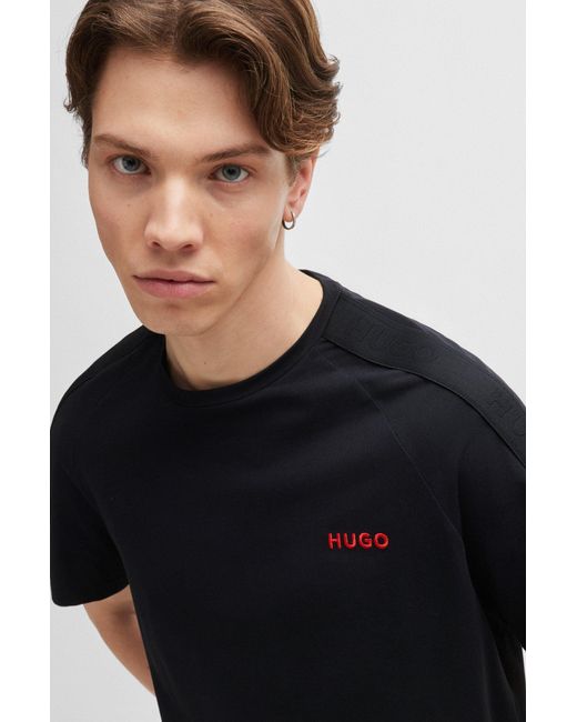 HUGO Black Stretch-cotton T-shirt With Logo Tape Sleeves for men