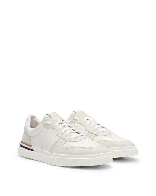 Boss White Cupsole Lace-up Trainers In Leather And Suede for men