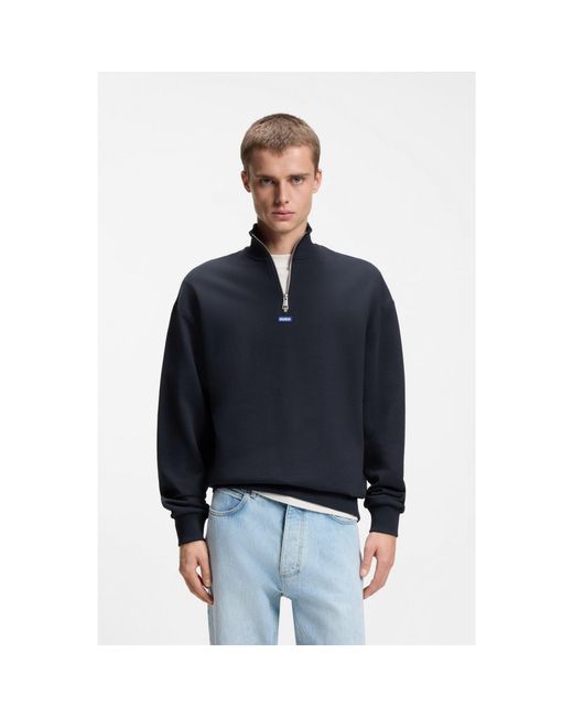HUGO Blue Cotton-Terry Sweatshirt With Zip Collar for men