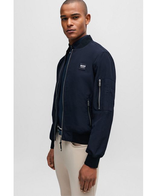 Boss Blue Equestrian Bomber Jacket With Zipped Sleeve Pocket for men
