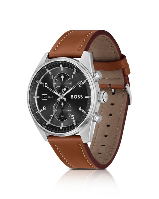 Montre chronographe à cadran noir et bracelet en cuir marron Boss pour homme en coloris Black