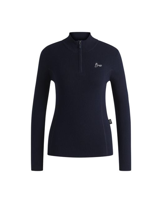 Boss Blue Equestrian Zip-Neck Sweater With Ribbed Structure