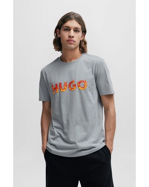 HUGO T-shirt Van Katoenen Jersey Met Verhoogd Vlammenlogo in het Gray voor heren