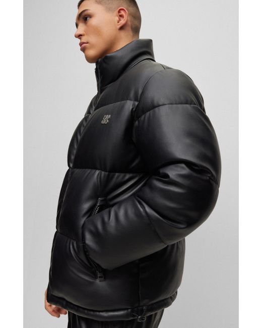 HUGO Black Regular-fit Padded Jacket In Faux Leather for men
