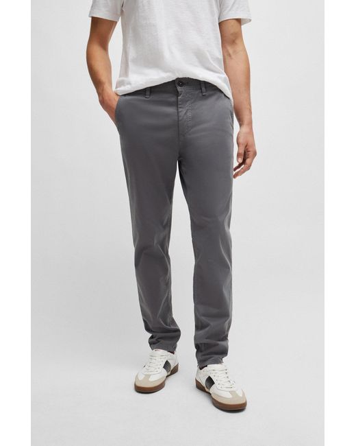 Boss Gray Tapered-fit Chinos In Stretch-cotton Satin for men