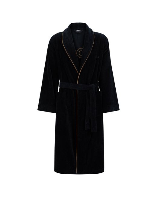 Boss Black Cotton Dressing Gown With Piping And Embroidered Branding for men
