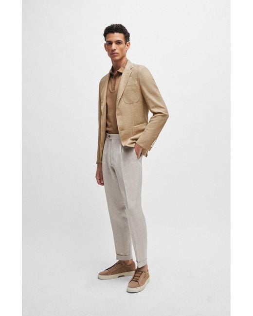 Boss Natural Slim-fit Jacket In Micro-patterned Linen And Cotton for men