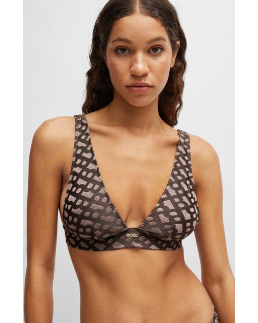 Brassière de bikini en jacquard monogramme avec garniture logo Boss en coloris Gray
