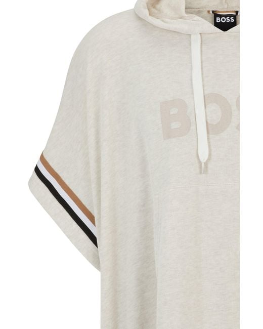 Boss Gray Hooded Beach Poncho With Logo And Signature Stripes