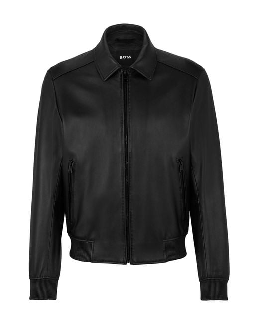 BOSS by HUGO BOSS Nappa-leather Bomber Jacket With Wing Collar in Black for  Men | Lyst UK