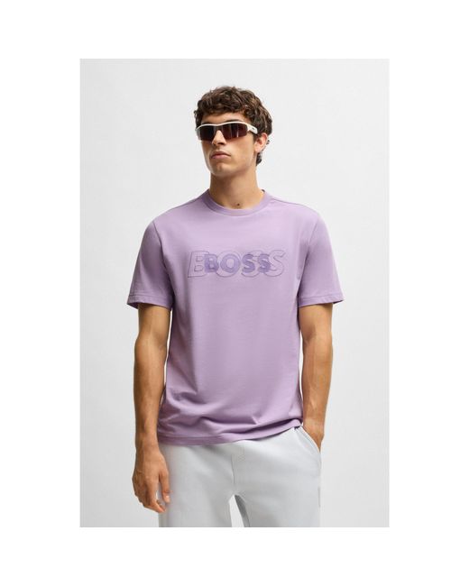 Boss Purple Cotton-Jersey T-Shirt With Double Logo Artwork for men