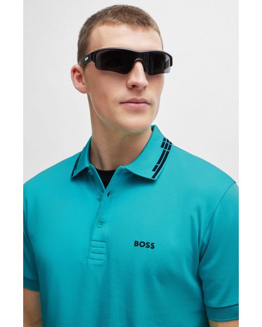 Boss Blue Interlock-cotton Slim-fit Polo Shirt With Collar Graphics for men