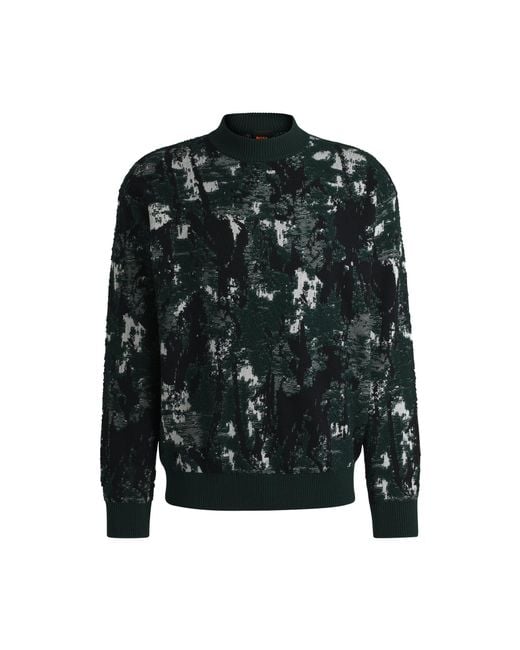Boss Green Wool-Cotton Sweater With Palm-Tree Jacquard for men